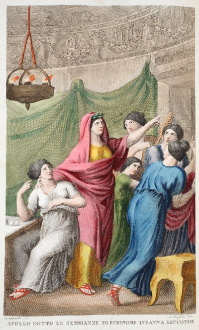 El Disfraz de Apolo o Apolo bajo la Apariencia de Eukinome Engaña a Leucotoe, Libro IV, ilustración de las Metamorfosis de Ovidio, Florencia, 1832 de Luigi Ademollo
